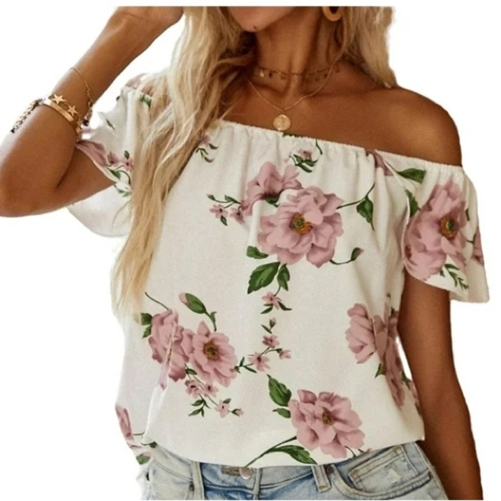 Shein Floral Off-Shoulder Top - Pink and White